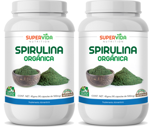 Spirulina Orgánica en polvo - 2 FRASCOS de 90 Cápsulas! 180 Cápsulas vegetales de 500 mg