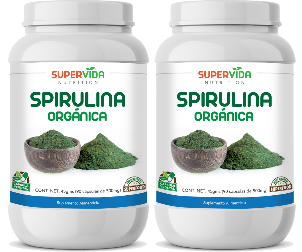 Spirulina Orgánica en polvo - 2 FRASCOS de 90 Cápsulas! 180 Cápsulas vegetales de 500 mg