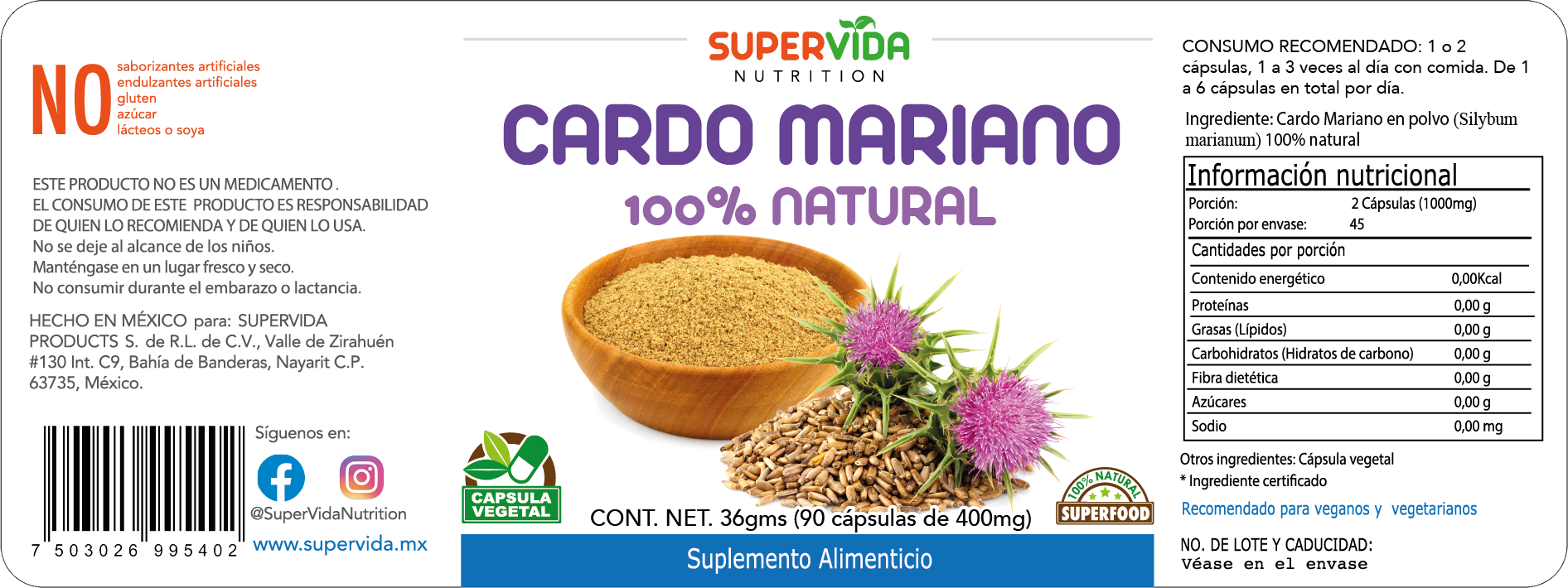 Cardo Mariano 180 Cápsulas (2 Frascos de 90 Cápsulas Vegetales de 400 mg  Cardo Mariano) | - Suplementos 100% Naturales