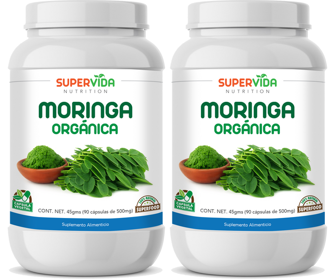 Moringa Orgánica en polvo - 2 FRASCOS de 90 Cápsulas! 180 Cápsulas vegetales de 500 mg